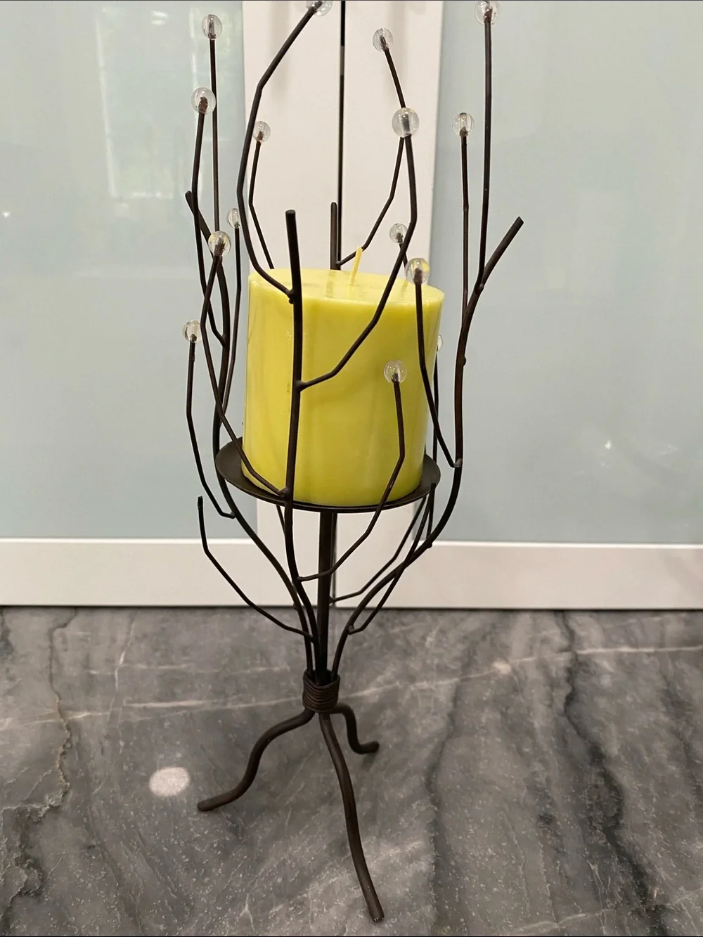 Yellow Pillar Candle in Decorative Metal Branch Holder